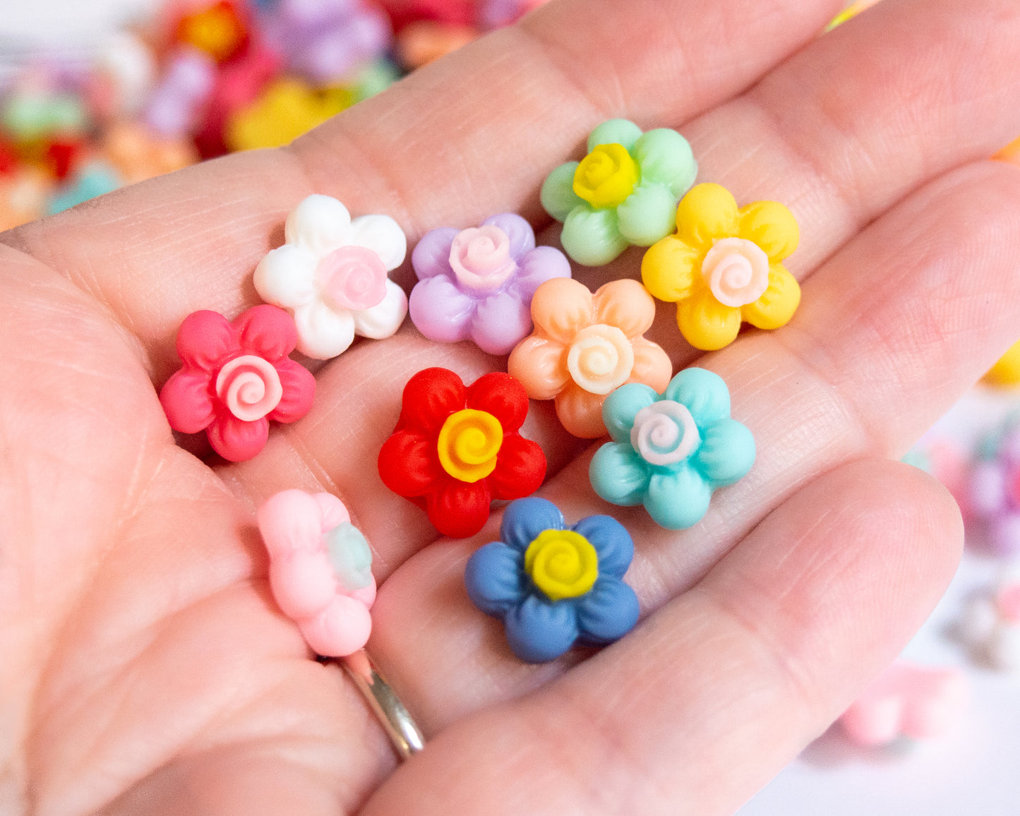 12.5mm Flower Cabochons with Cute Swirl Detail, Two Tone Matte Finish Resin Flatbacks