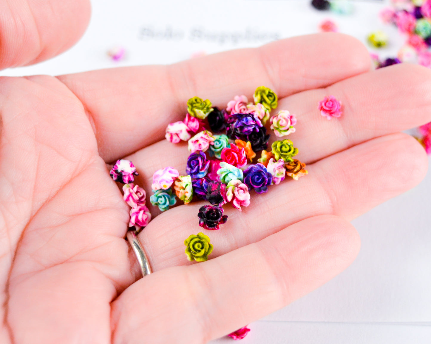 5-6mm Splatter Painted Rose Cabochons in Colorful Resin, Mixed Tiny Sizes