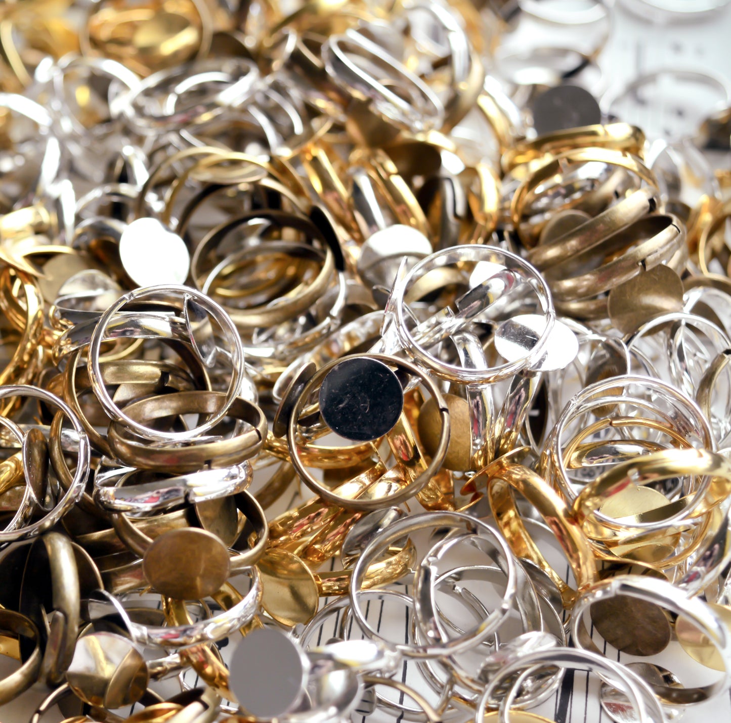 Adjustable Rings with 10mm Flat Pad in Gold, Antiqued Bronze, or Chrome