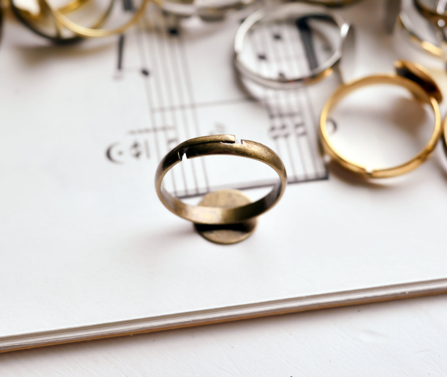 Adjustable Rings with 10mm Flat Pad in Gold, Antiqued Bronze, or Chrome