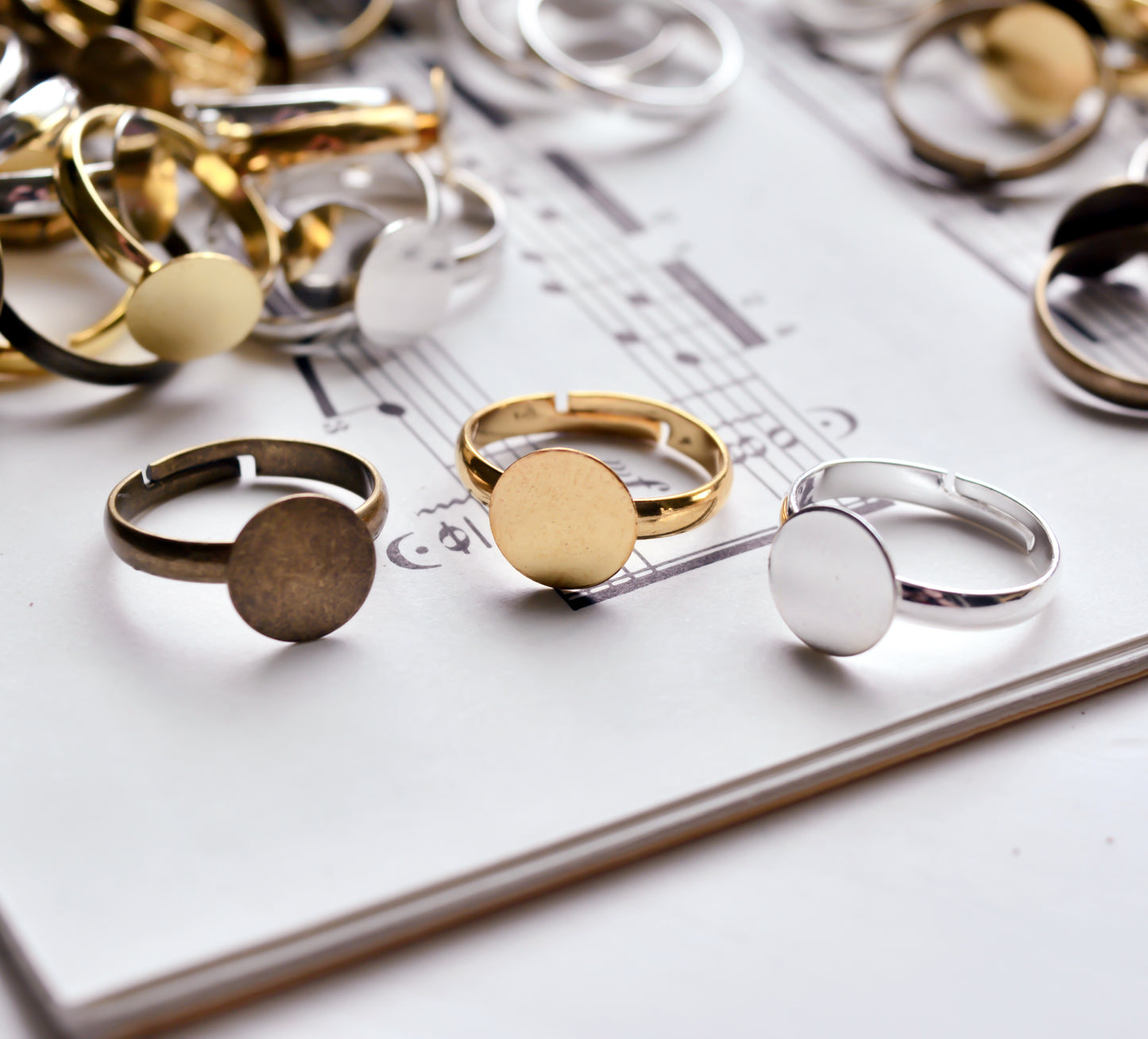 Adjustable Rings with 10mm Flat Pad in Gold, Antiqued Bronze, or Chrome