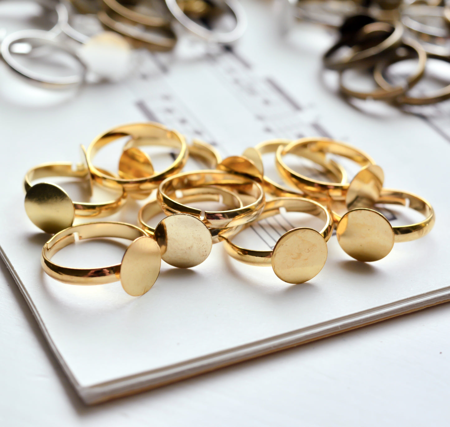 Adjustable Rings with 10mm Flat Pad in Gold, Antiqued Bronze, or Chrome