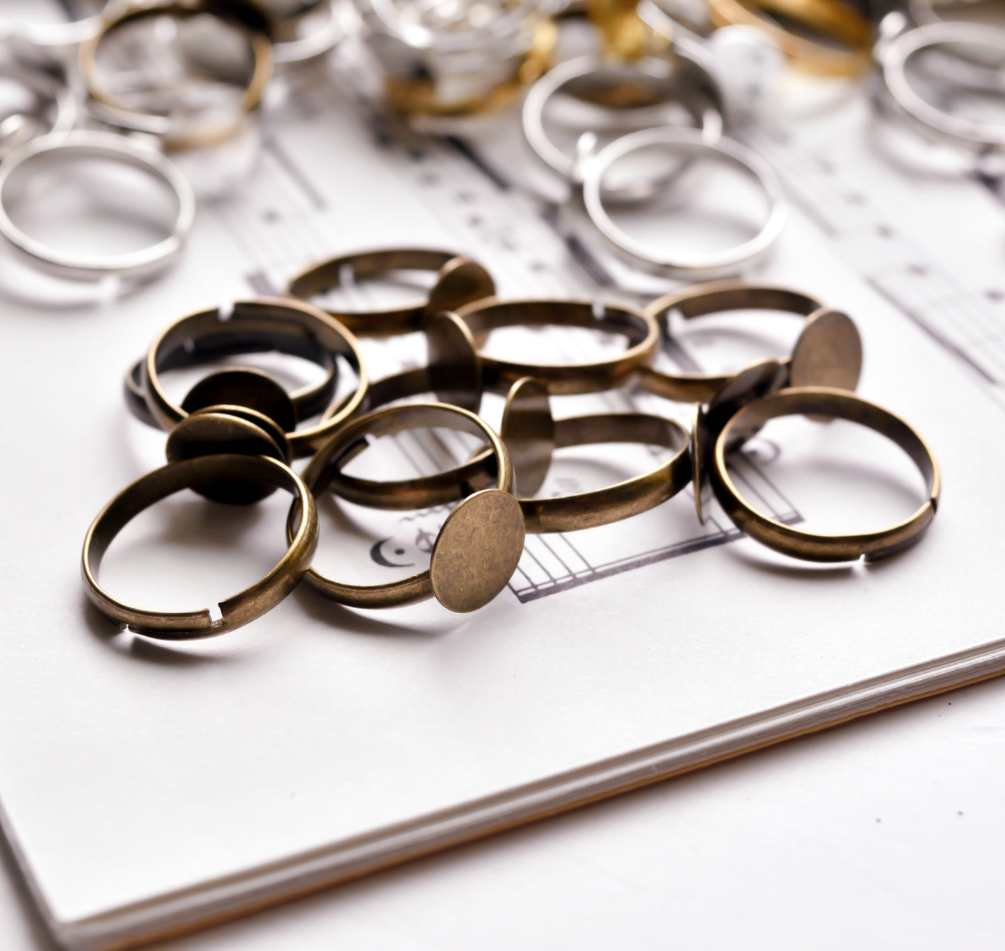 Adjustable Rings with 10mm Flat Pad in Gold, Antiqued Bronze, or Chrome