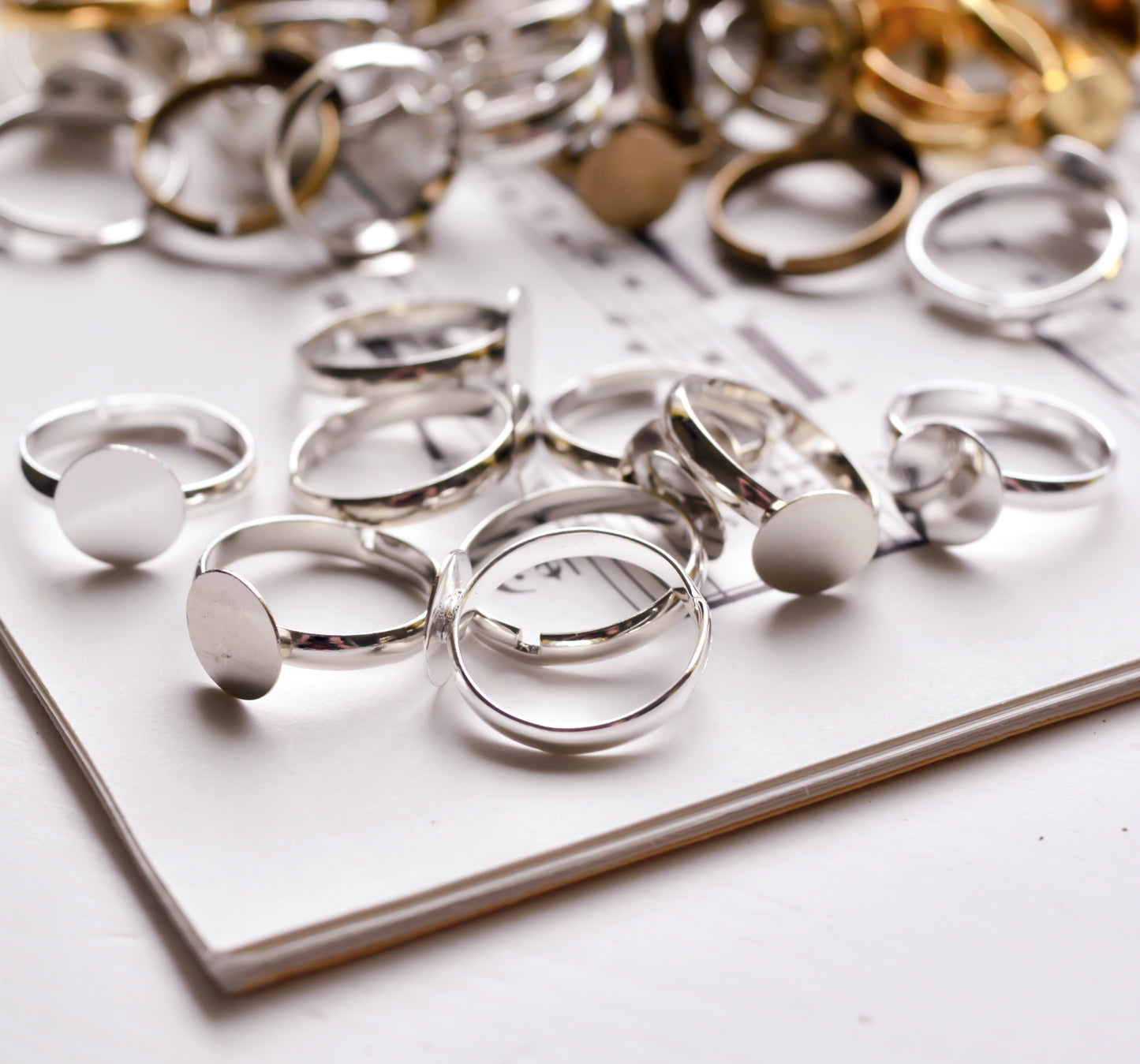 Adjustable Rings with 10mm Flat Pad in Gold, Antiqued Bronze, or Chrome