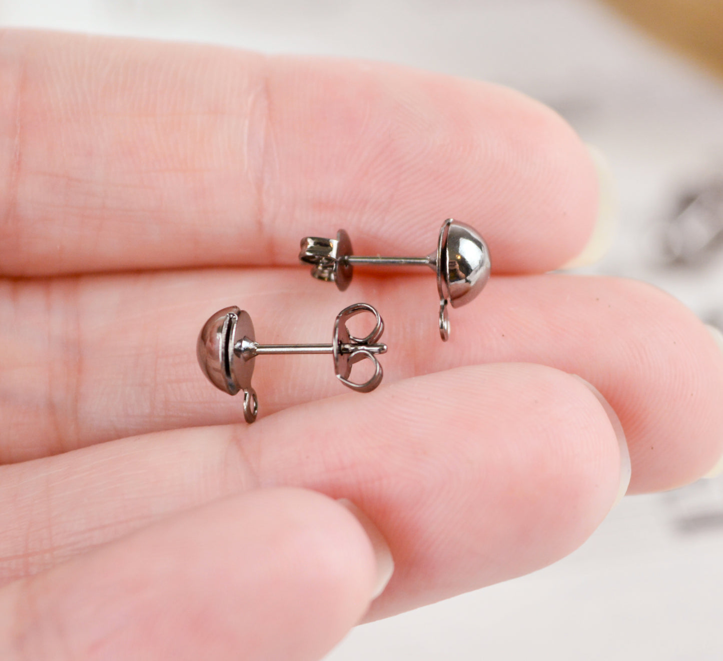 6mm Domed Earrings with Closed Loop, Choose Silver, Gold, Gunmetal, or Antiqued Gold Plated Brass