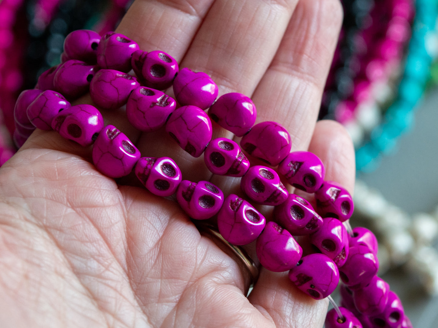 10mm Skull Beads in Purple Color Faux Howlite, Fun Lightweight Halloween Skeleton Beads 15" Strand