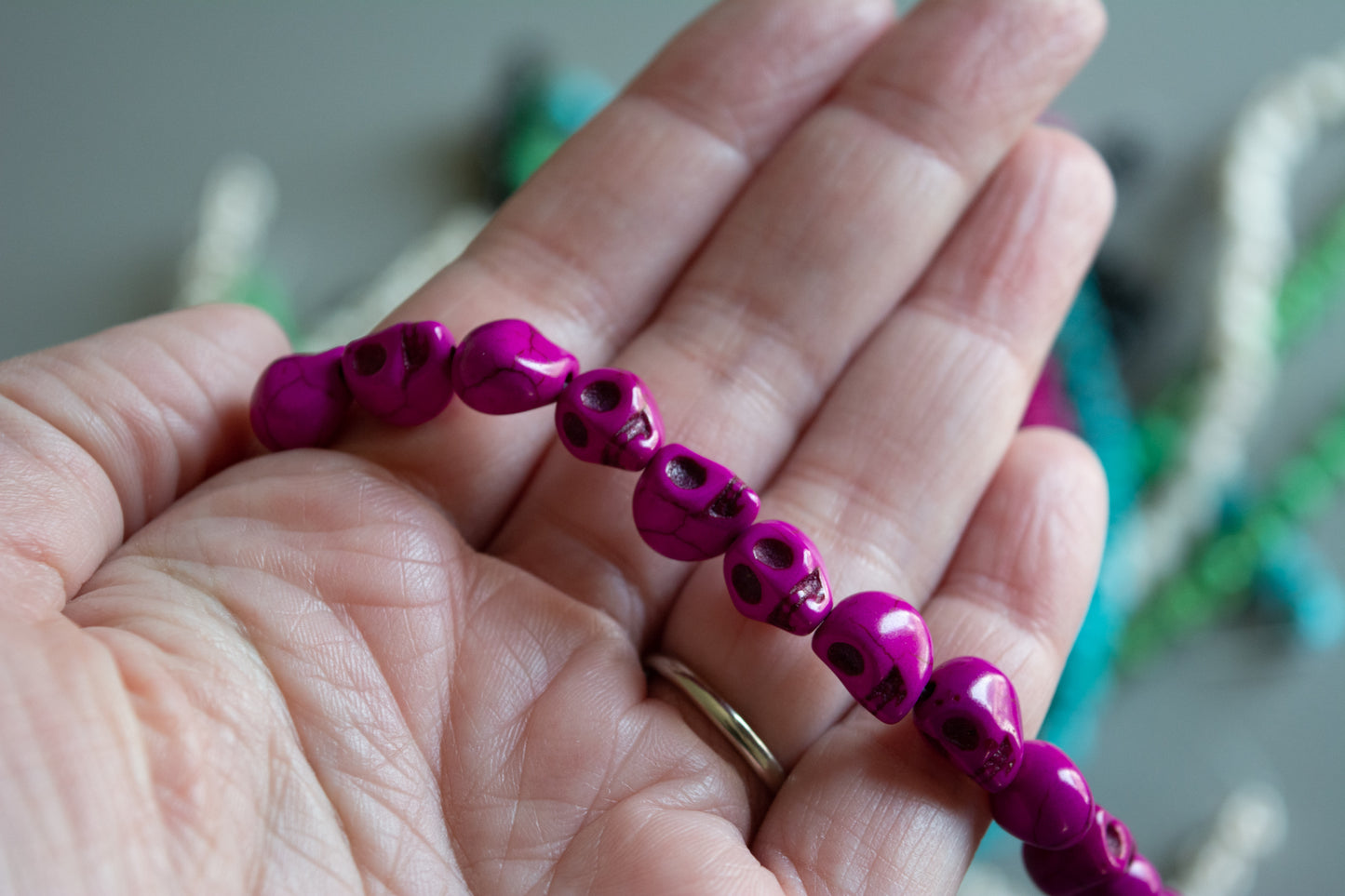 10mm Skull Beads in Purple Color Faux Howlite, Fun Lightweight Halloween Skeleton Beads 15" Strand