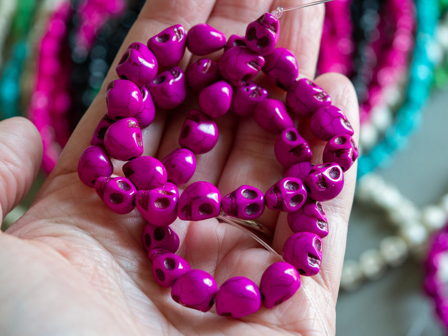 10mm Skull Beads in Purple Color Faux Howlite, Fun Lightweight Halloween Skeleton Beads 15" Strand