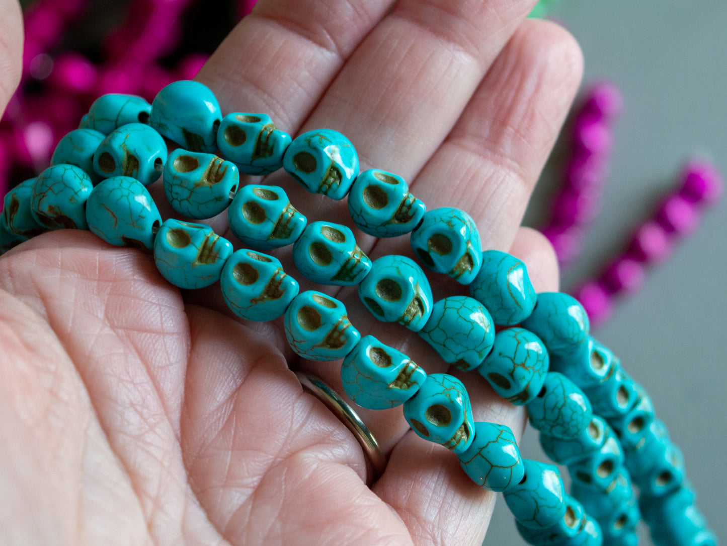 10mm Skull Beads in Turquoise Color Faux Howlite, Fun Lightweight Halloween Skeleton Beads 15" Strand