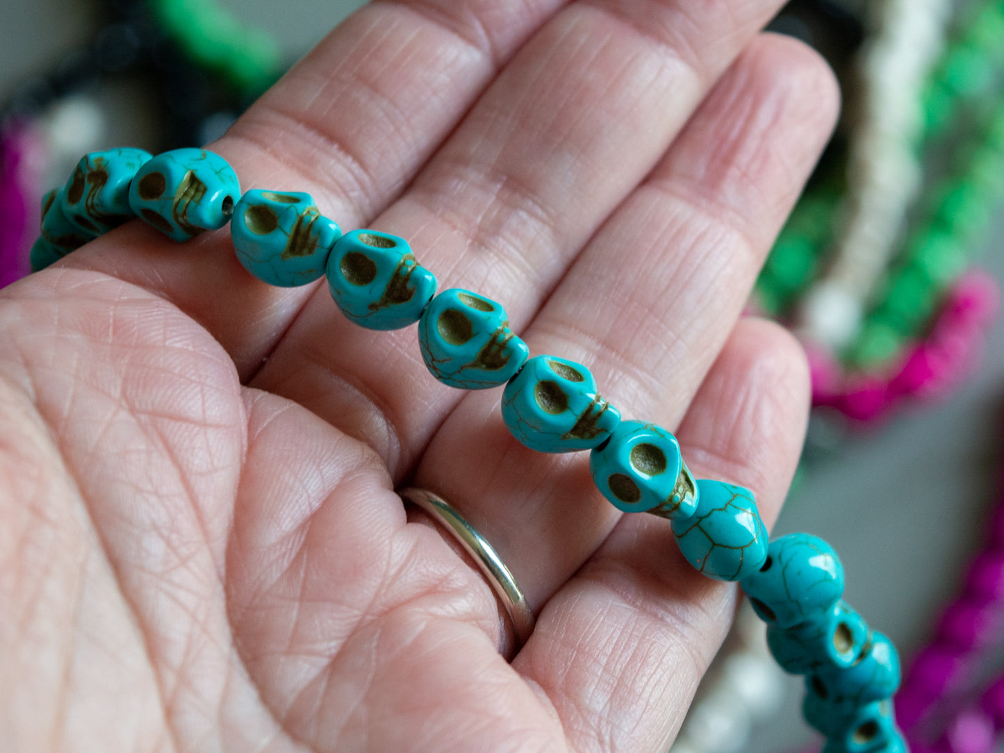 10mm Skull Beads in Turquoise Color Faux Howlite, Fun Lightweight Halloween Skeleton Beads 15" Strand