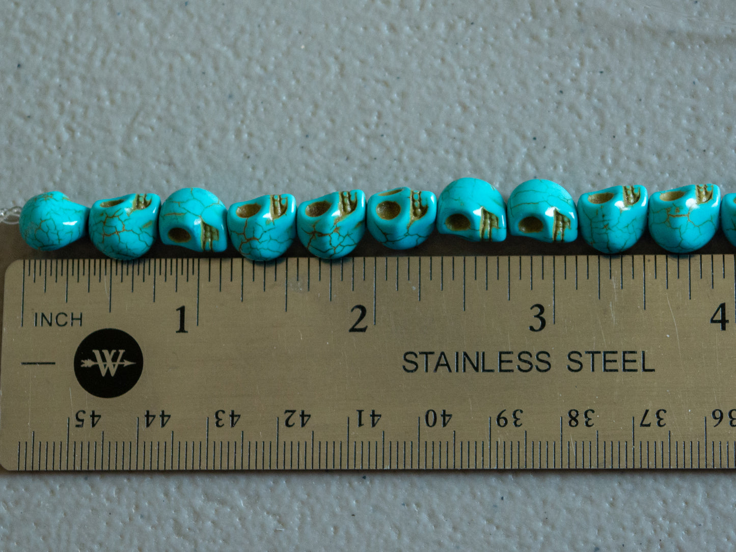 10mm Skull Beads in Turquoise Color Faux Howlite, Fun Lightweight Halloween Skeleton Beads 15" Strand
