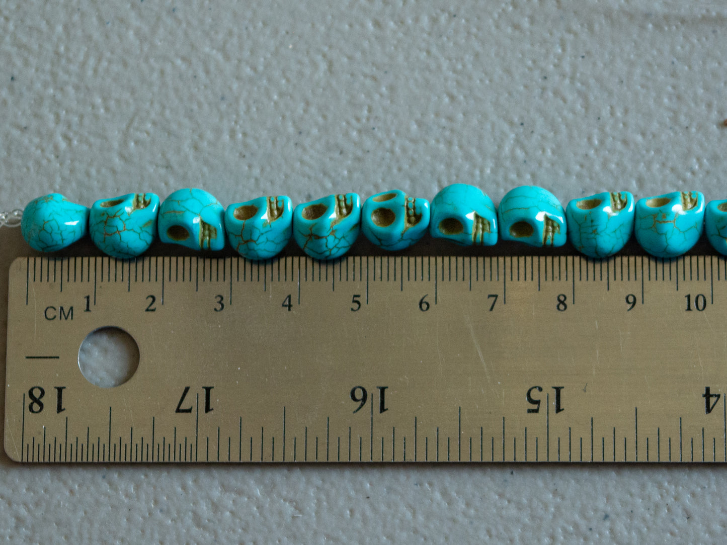 10mm Skull Beads in Turquoise Color Faux Howlite, Fun Lightweight Halloween Skeleton Beads 15" Strand