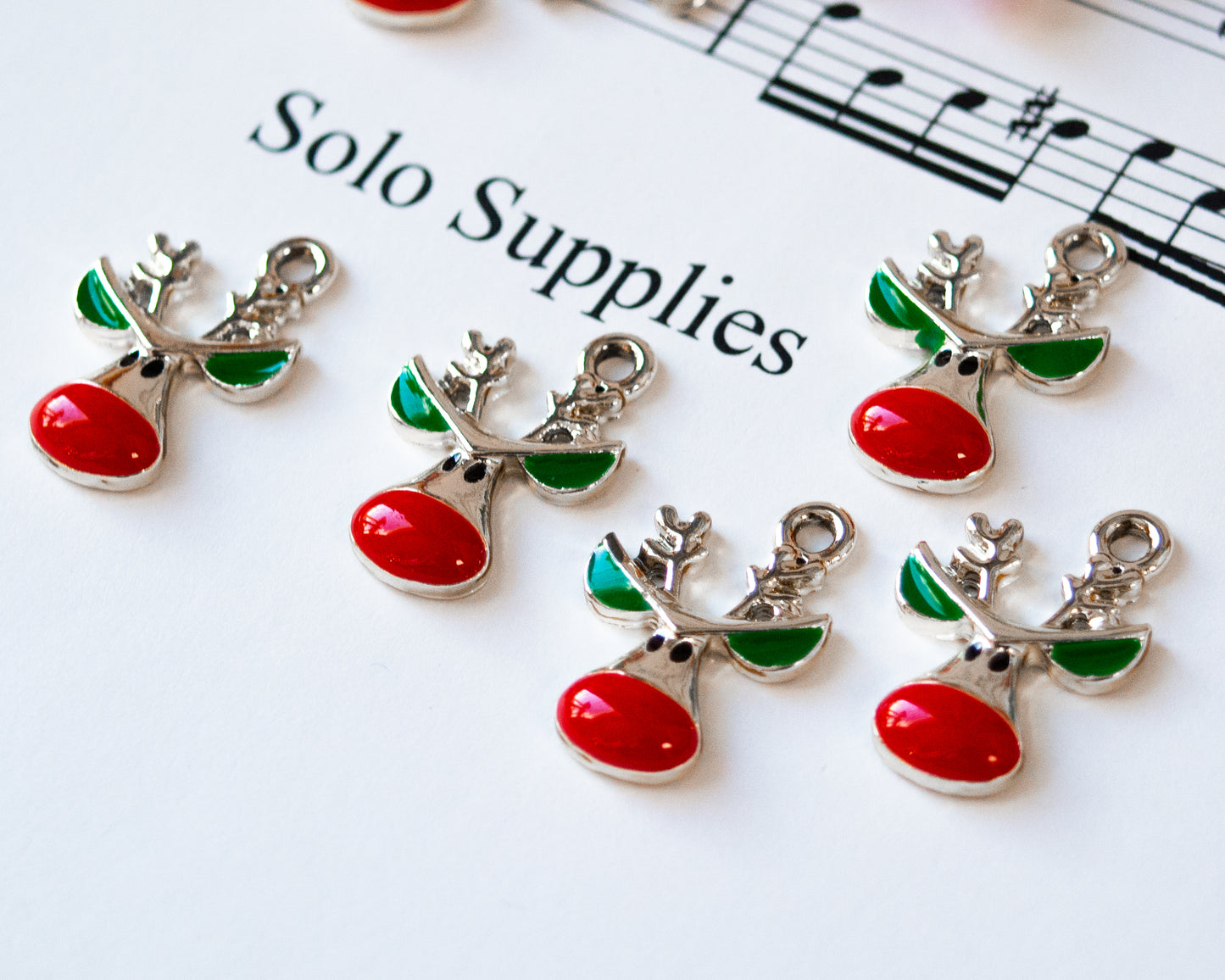 Red Nosed Reindeer Charms, 21mm Long, With Red and Green Enamel