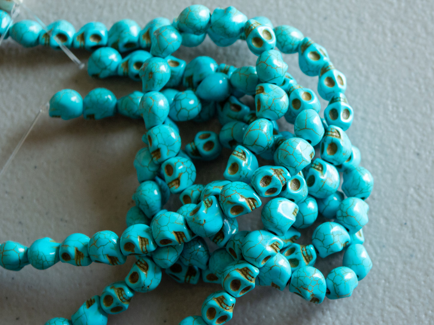 10mm Skull Beads in Turquoise Color Faux Howlite, Fun Lightweight Halloween Skeleton Beads 15" Strand