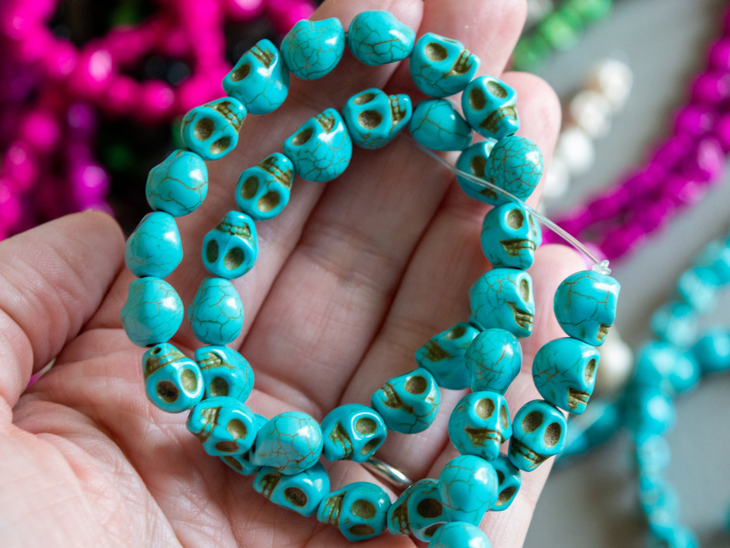 10mm Skull Beads in Turquoise Color Faux Howlite, Fun Lightweight Halloween Skeleton Beads 15" Strand