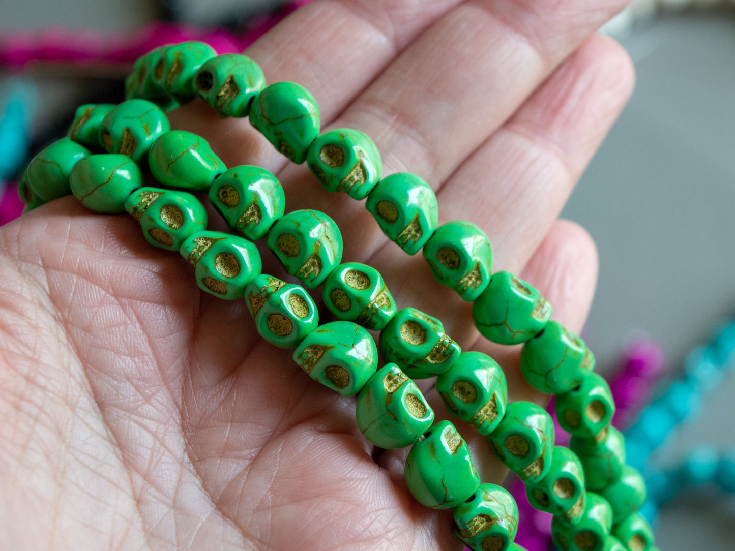 10mm Skull Beads in Green Faux Howlite, Fun Lightweight Halloween Skeleton Beads 15" Strand