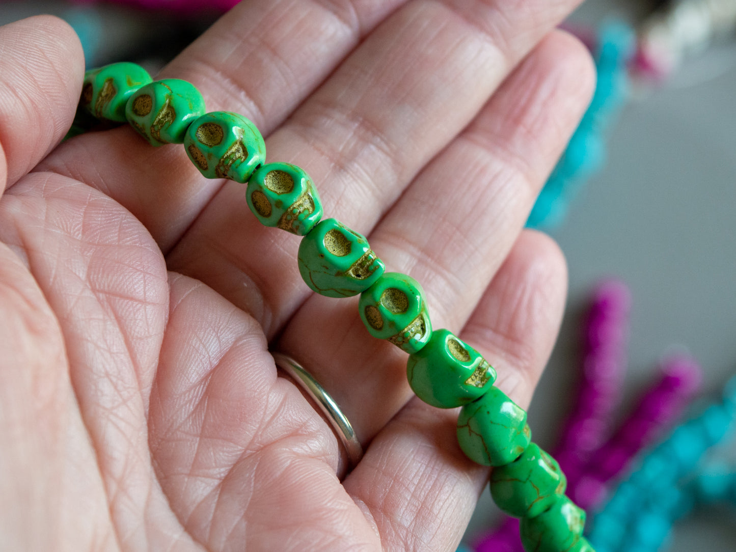 10mm Skull Beads in Green Faux Howlite, Fun Lightweight Halloween Skeleton Beads 15" Strand
