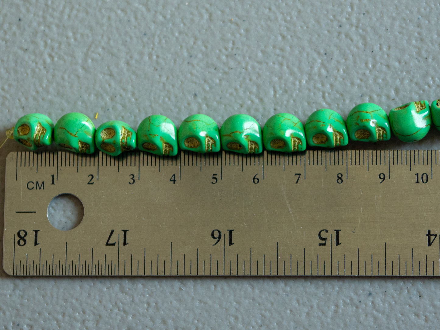 10mm Skull Beads in Green Faux Howlite, Fun Lightweight Halloween Skeleton Beads 15" Strand
