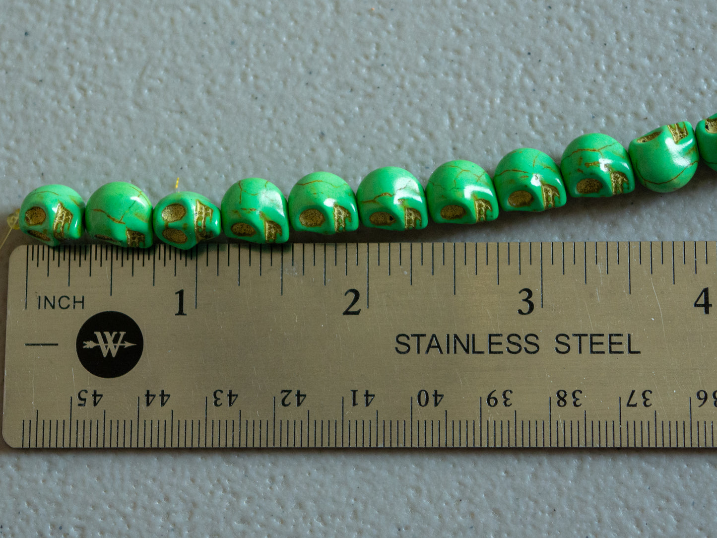 10mm Skull Beads in Green Faux Howlite, Fun Lightweight Halloween Skeleton Beads 15" Strand