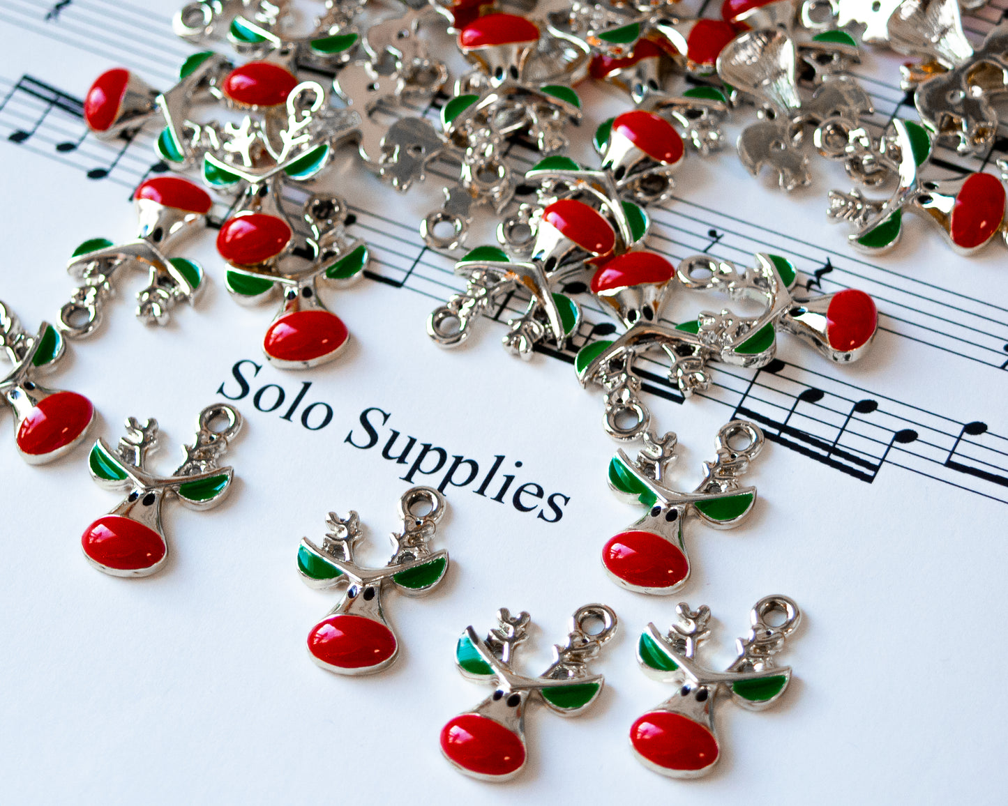 Red Nosed Reindeer Charms, 21mm Long, With Red and Green Enamel