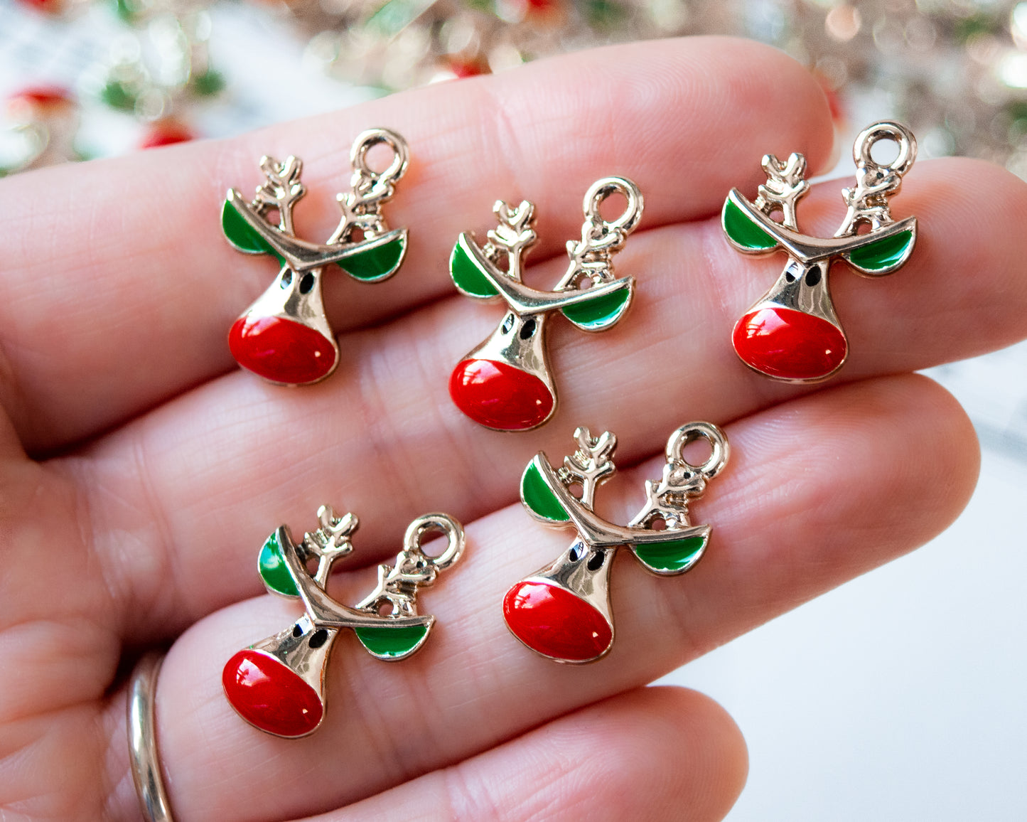 Red Nosed Reindeer Charms, 21mm Long, With Red and Green Enamel