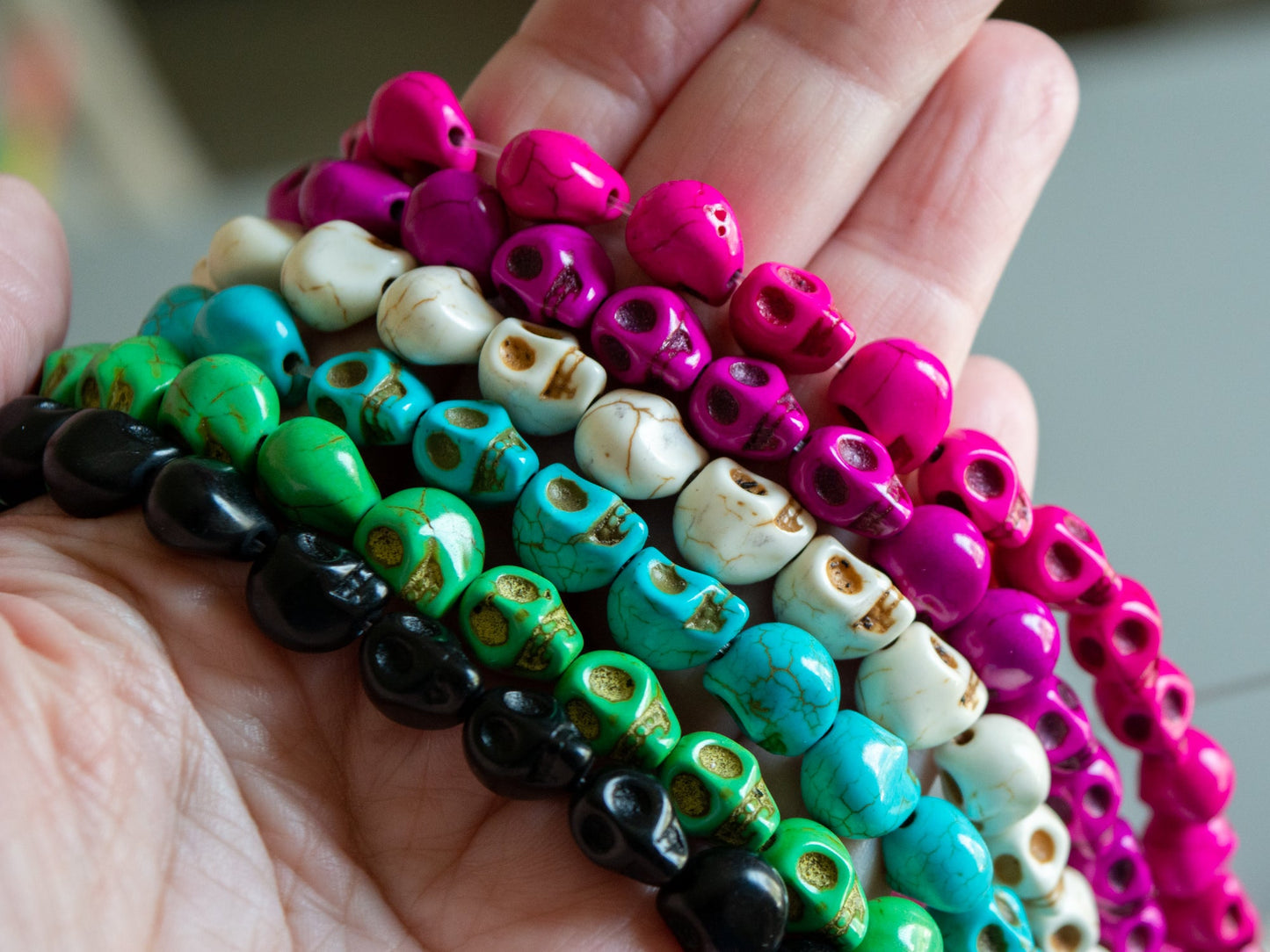 10mm Skull Beads in Faux Howlite, Fun Lightweight Halloween Skeleton Beads 15" Strand