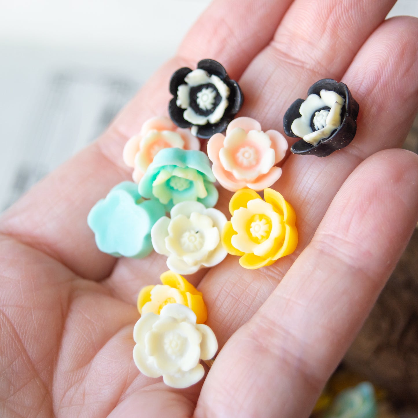 13mm Cherry Blossom Cabochons in Colorful Minty Two-Tone Resin