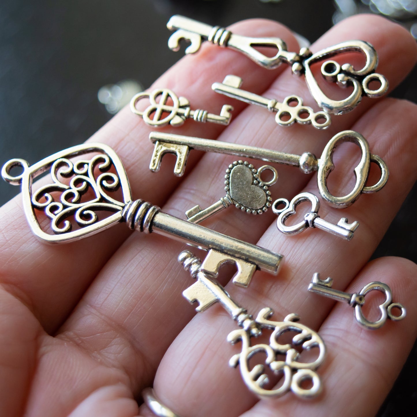 Assorted Key Charms and Pendants in Antiqued Silver Finish