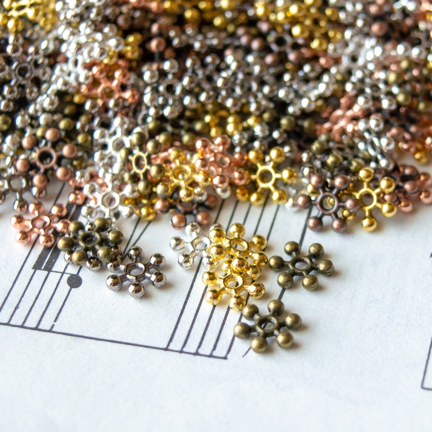 7.5mm Snowflake Spacer Beads in Multiple Colors of Metal Alloy