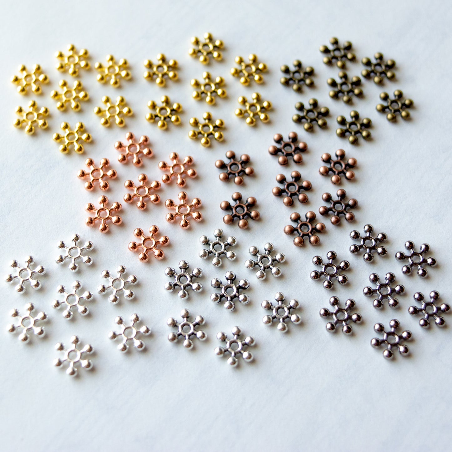 7.5mm Snowflake Spacer Beads in Multiple Colors of Metal Alloy