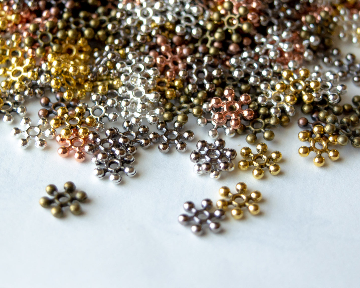 7.5mm Snowflake Spacer Beads in Multiple Colors of Metal Alloy