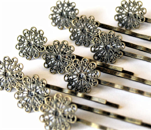 Filigree Bobby Pins in Antiqued Bronze, With Flat 17mm Pad to Attach Decoration, 62mm Long Pins