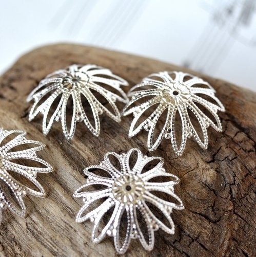 7x21mm Domed Filigree Beadcaps in Shiny Silver Finish