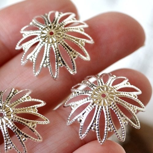7x21mm Domed Filigree Beadcaps in Shiny Silver Finish