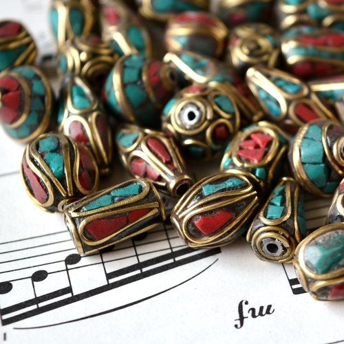Brass Inlay Beads with Turquoise, Coral, and Lapis Detail