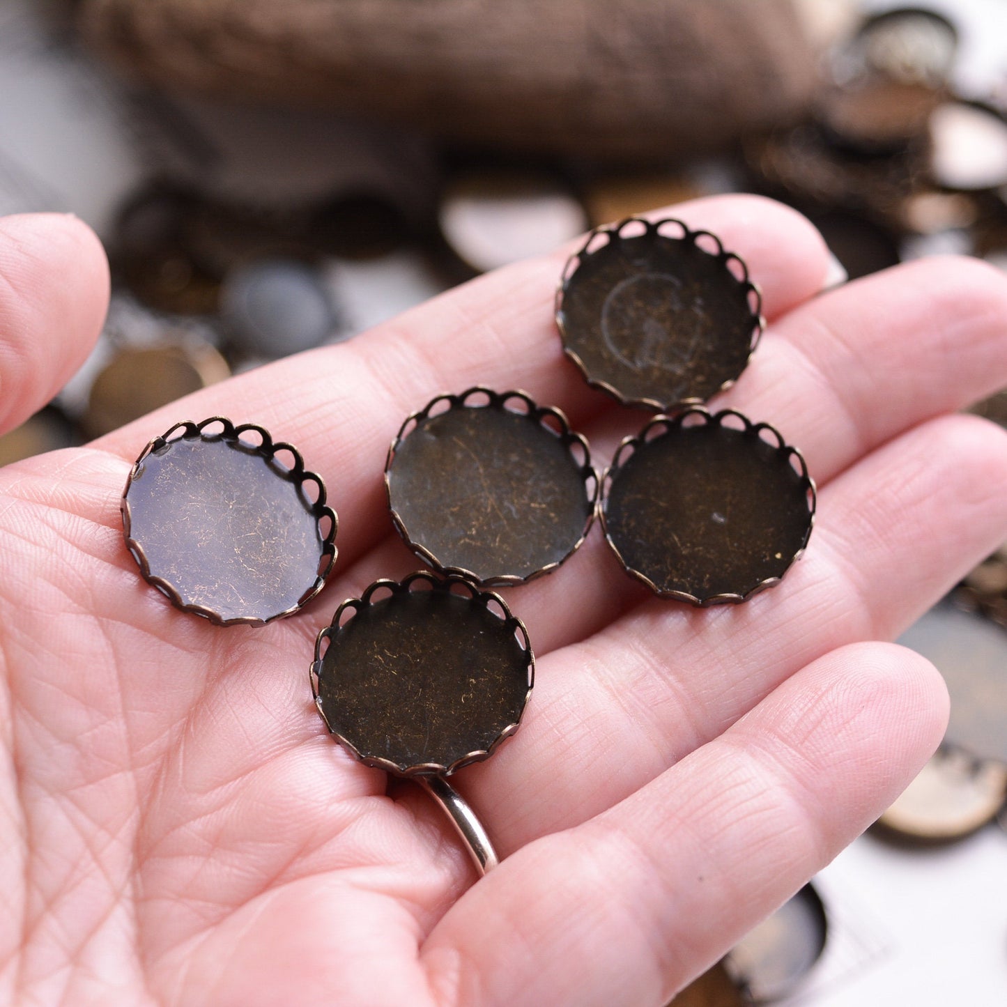 Assorted Antiqued Bronze Bezel Cups and Links, 10mm up to 27mm Round and Oval Mix