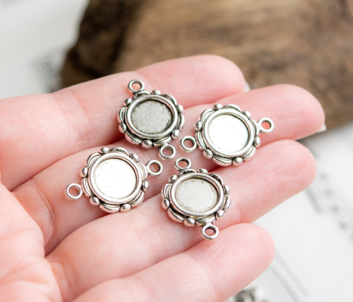 Double-Link Settings for 10mm Cabochons, Antiqued Silver or Bronze