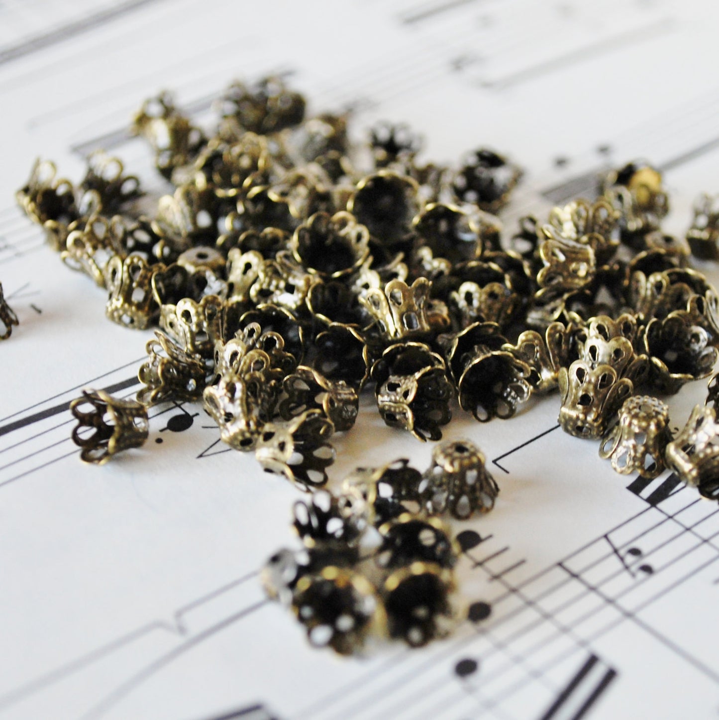 Tiny 5x6mm Beadcaps in Antiqued Bronze, Fluted Filigree Design