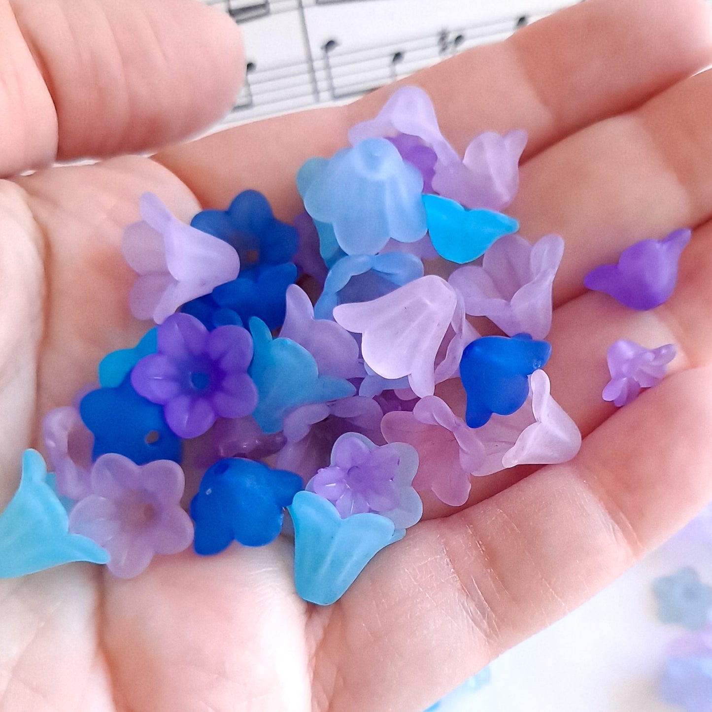 120 Pc Purple and Blue Peacock Color Mix of Acrylic Flower Beads in Assorted Sizes
