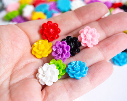 15.5mm Flower Cabochons in Colorful Resin, Bright Bold Color Mix, Chrysanthemum Dahlia Shape, Flatback Undrilled Cabs for DIY Jewelry Crafts