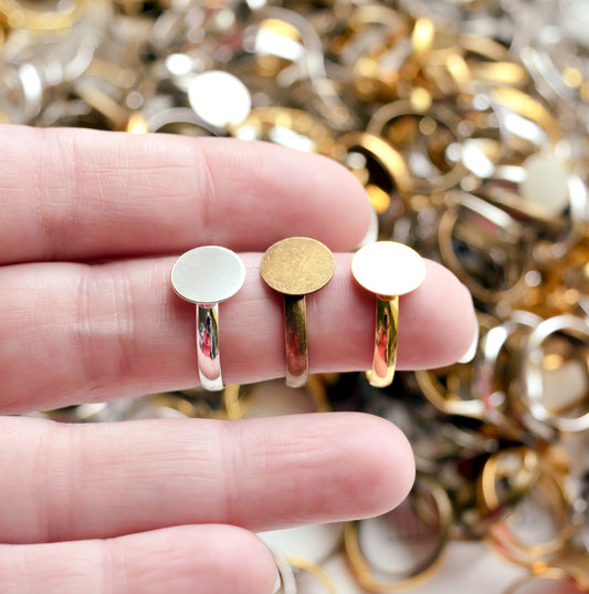 Adjustable Rings with 10mm Flat Pad in Gold, Antiqued Bronze, or Chrome