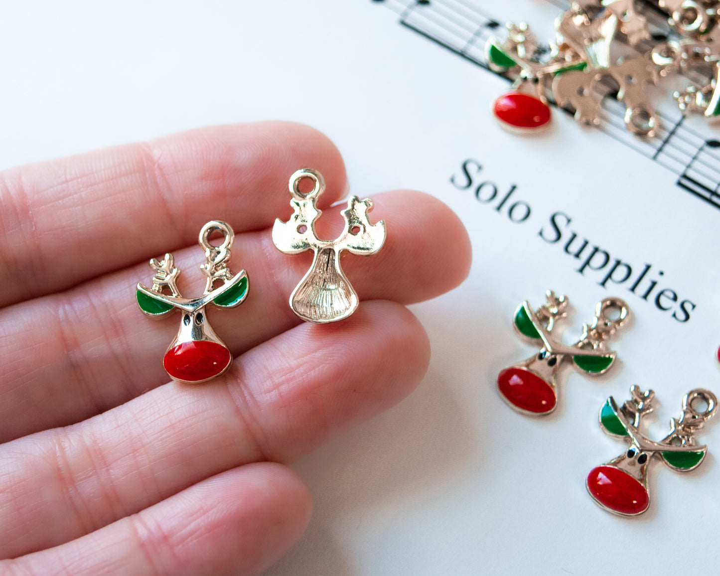 Red Nosed Reindeer Charms, 21mm Long, With Red and Green Enamel