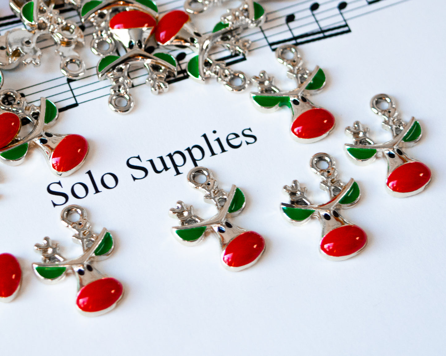 Red Nosed Reindeer Charms, 21mm Long, With Red and Green Enamel