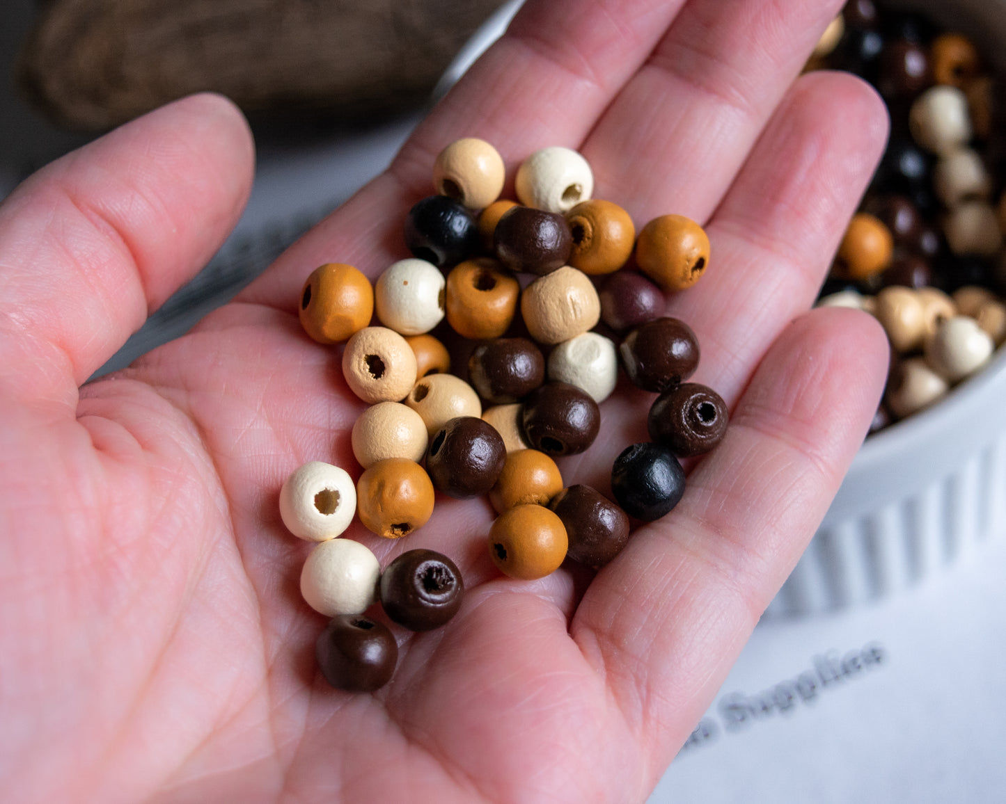 7x8mm Wooden Beads in Mixed Natural Tones, Rounded Shape