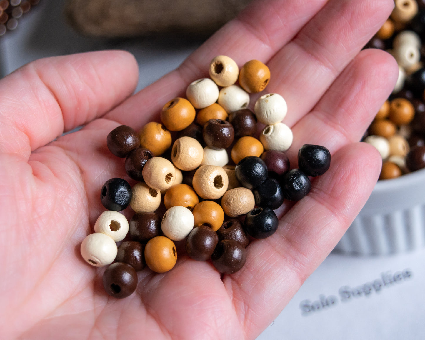 7x8mm Wooden Beads in Mixed Natural Tones, Rounded Shape