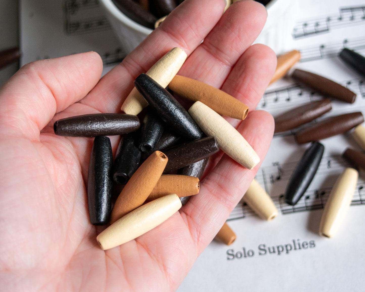 32x9mm Wooden Beads in Mixed Natural Tones, Long Seed Shape
