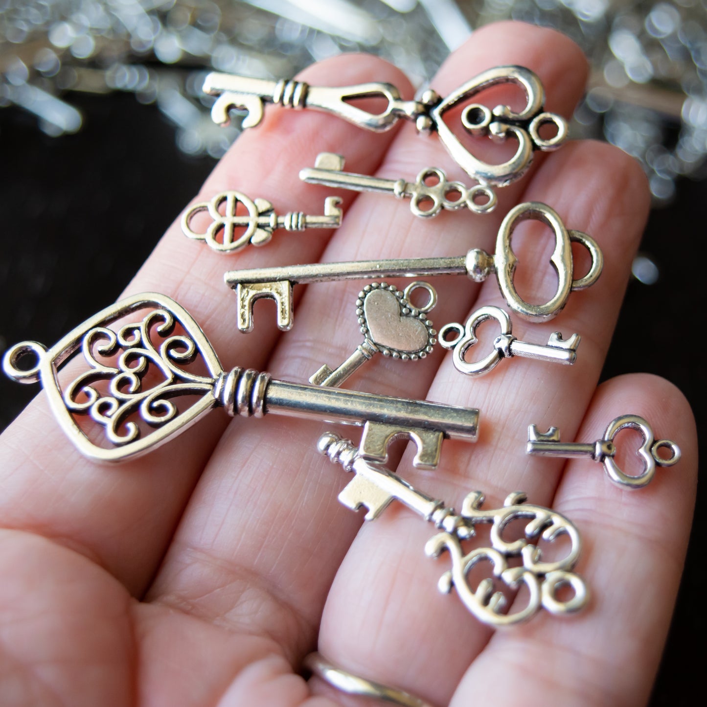 Assorted Key Charms and Pendants in Antiqued Silver Finish