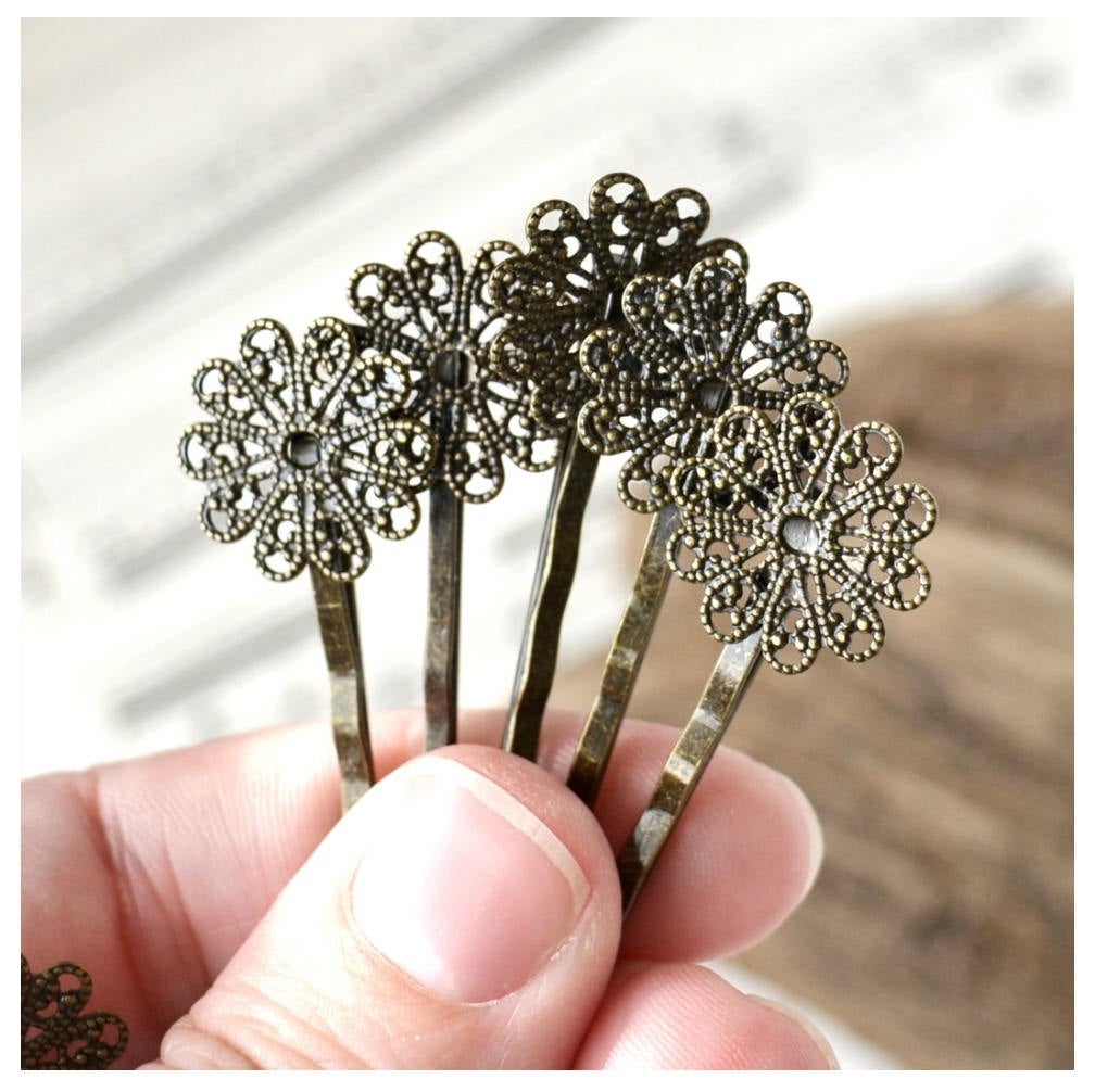 Filigree Bobby Pins in Antiqued Bronze, With Flat 17mm Pad to Attach Decoration, 62mm Long Pins
