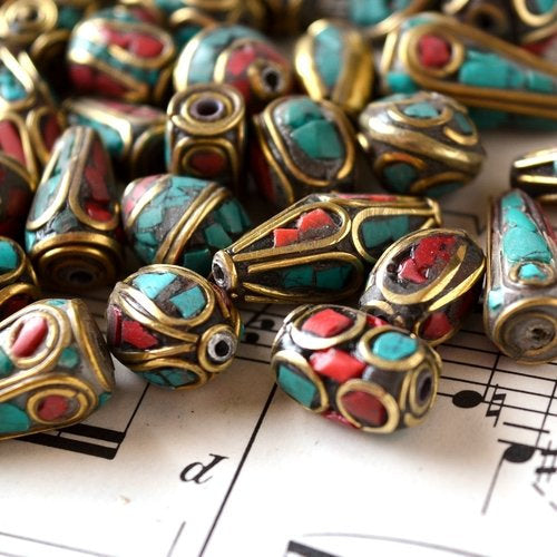 Brass Inlay Beads with Turquoise, Coral, and Lapis Detail