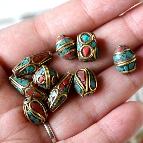 Brass Inlay Beads with Turquoise, Coral, and Lapis Detail